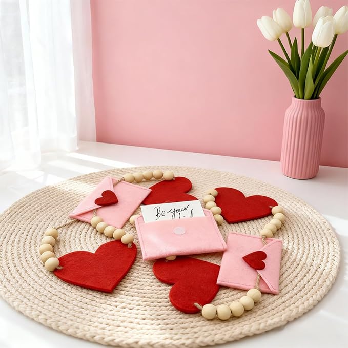 Valentines Day Decorations, Felt Heart and Envelope Garland with Wooden Beads, Valentines Day Garland for Mantle, Heart Decorations, Banner, Fireplace, Wall, Party (Heart and Envelope)