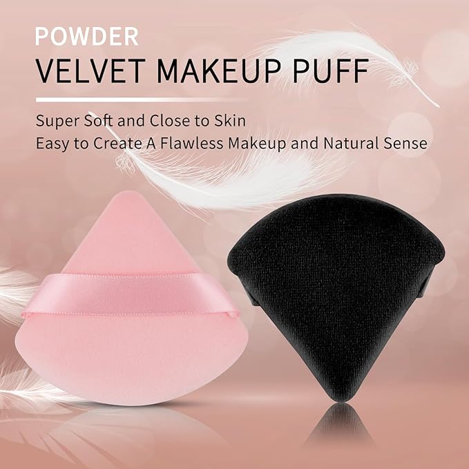 2 Pcs EVAOUXIU Triangle Powder Puff for Face Powder, Soft Plush Setting Powder Puff, Velour Cosmetic Foundation Blender Sponge Beauty Makeup Tools (Black&Pink)