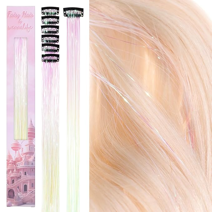 WENNALIFE Hair Tinsel Clip In for Girls Bright White, 6pcs 24 inch Clips Tinsel Hair Extensions Clip in Colorful Glitter Clips Sparkle Fairy