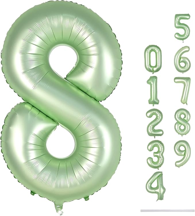 Sage Green Balloon Number 8, 40 Inch Large Self Inflating Foil Number Balloons 0-9, Olive Green Digital 8 Helium Balloon for 8th Girls Boys Women Jungle Safari Birthday Party Anniversary Decorations