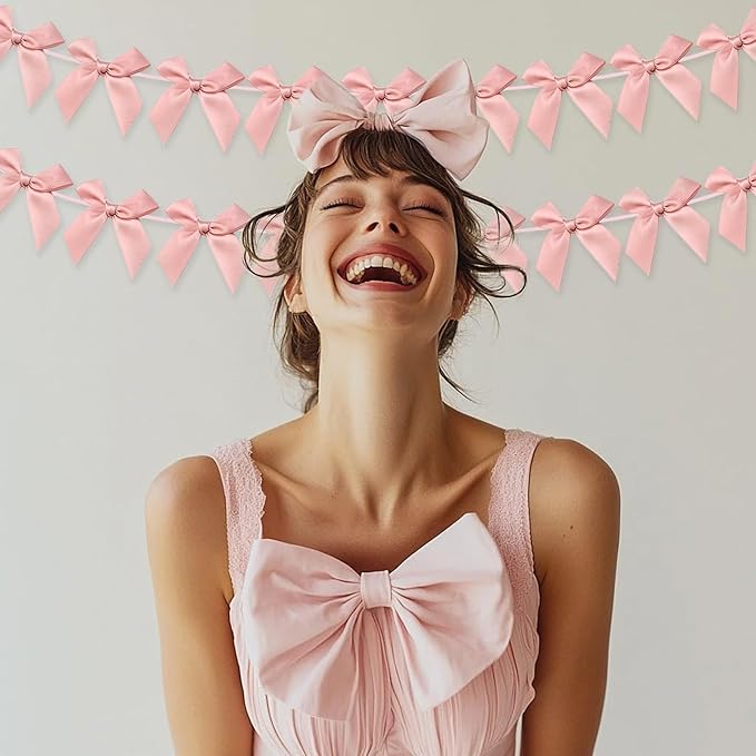 2pcs Bow Garland Banner, Ribbon Bow Party Decorations for Baby Shower Girls Bow Coquette Birthday Party Decor (Peach Pink)