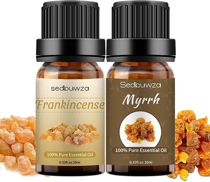 Sedbuwza Myrrh Frankincense Essential Oil Set, Myrrh Fragrance Oil Frankincense Scent Oil Set for Diffuser, Aromatherapy, Massage, Soap, Candle Making 2 x 10 ml