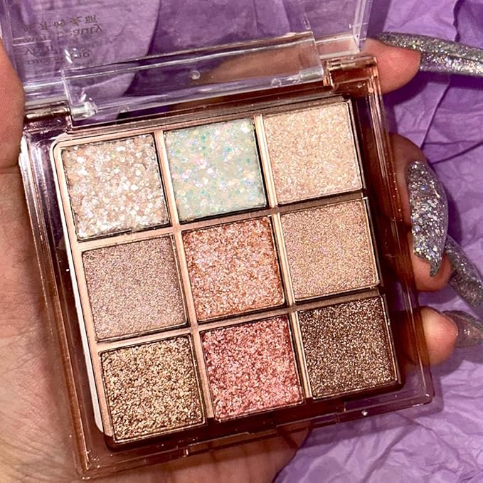 Pink Nude Glitter Shimmer Sparkle Eyeshadow,9 Colors Light Glitter Eye Shadow,Long Lasting Waterproof Natural Eyeshadow Palette,sombras para ojos