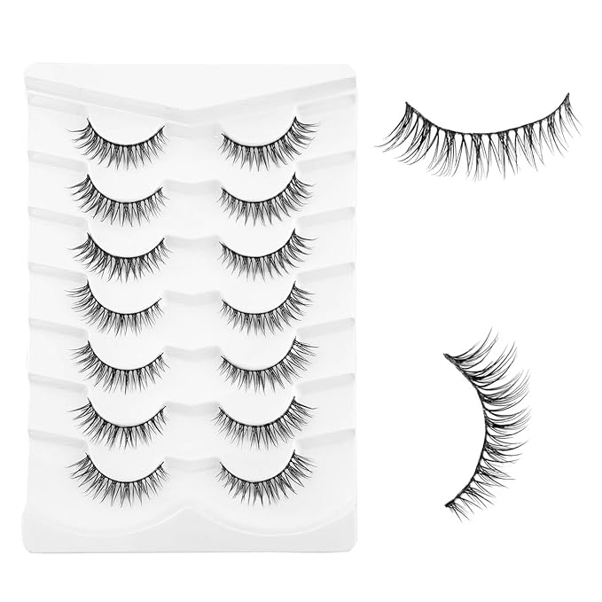 Short Natural Lashes Cat Eye Lashes NINGLASH False Eyelashes Natural Look Wispy Fake Eyelash 10mm Faux Lashes Strips 7 Pairs Lash Pack