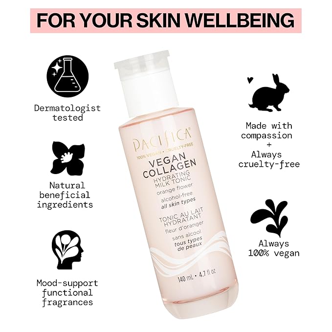 Pacifica Vegan Collagen Hydrating Milk Tonic – Alcohol-Free Milky Toner & Essence Moisturizing Vegan Collagen Face Tonic w/Hyaluronic Acid, Chamomile Jasmine All Skin Types Vegan Dermatologist Tested