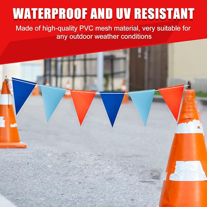 Safety Warning Pennant Banner Flags – Multipurpose OSHA High Visibility Colored Triangle Flags for Roadwork, Party and Hazard Areas(Dark/Light Blue+Orange,45pcs,105FT)