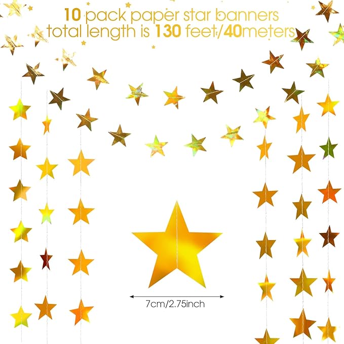 Patelai Glitter Star Garland Banner New Years Decor 130 Feet Star Hanging Banner Twinkle Backdrop for Birthday Classroom Wedding Halloween Christmas Party Supplies(Iridescent Gold)