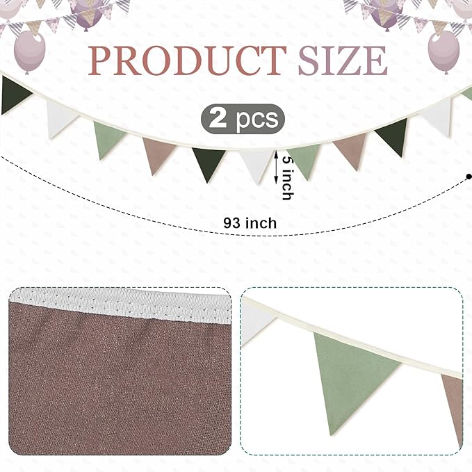 VitalCozy 17 ft Pennant Banner Flags, 2 Pcs Nursery Garland Triangle Bunting Flag Double Side Baby Banner for Boho Decor Baby Shower Birthday Wedding Party Event, Each 8.5 ft(Neutral Colors)