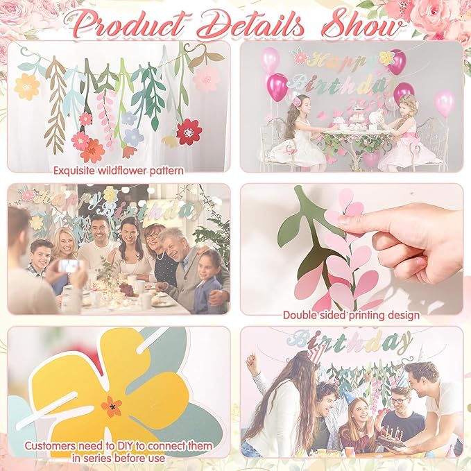 2PCS Flower Party Banner Wildflower Garland Spring Birthday Colorful Flowers Wedding Party Decorations Baby Shower Birthday Supplies