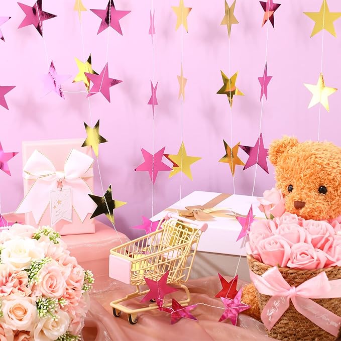 Patelai 78 Feet Glitter Star Garland Banner Decoration Hanging String Star New Year Eve Party Supplies Gold Black Party Decor for 2026 New Year Valentines Wedding Birthday (Gold and Pink)