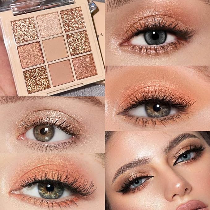 9Colors Champagne Rose Gold Eye Shadow Palette Makeup,Shimmer Pink Eyeshadow Palette Nude Glitter Sparkly Eye Shadows Long Lasting Waterproof Blendable Naturing-Looking