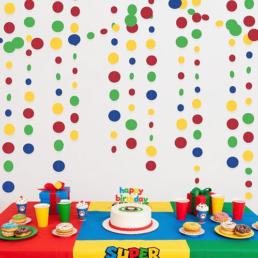 Super Mario Party Decorations Circle Dot Garland Red Blue Yellow Green Hanging Paper Polka Dot Streamer for Birthday Baby Shower Wedding Bridal Shower Carnival Circus Clown Fiesta Party Supplies