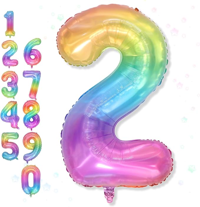 40'' 2 Balloon Number, Large Rainbow Foil Number 2 Balloons Birthday Party Decor, Mylar Self Inflating Multicolor Colorful Jelly Two Balloon for Girls 2nd Birthday Baby Shower Anniversary Decorations
