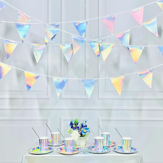 33Ft Iridescent Party Decoration Holographic Fabric Triangle Pennant Banner Flag Cotton Bunting Garland for Birthday Wedding Bridal Shower Bachelorette Engagement Disco Euphoria Galaxy Party Supplies