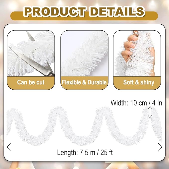 25 Feet Christmas Foil Fringe Banner Metallic Tassle Garland Metallic Backdrop Parade Floats Shiny Hanging Ceiling, Valentine's, Wedding, New Year Party Decorations(4" x 25', Macaron White)
