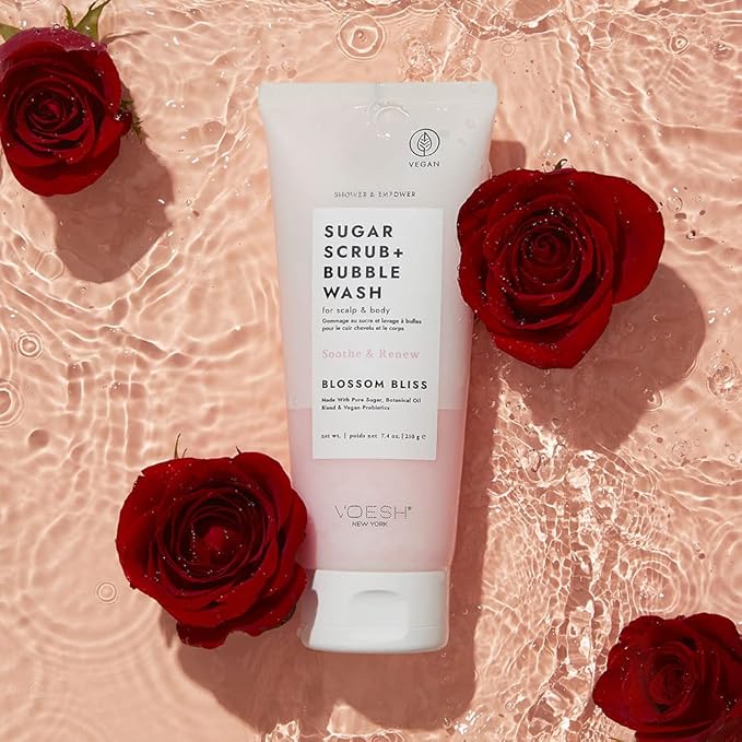 VOESH Sugar Scrub + Bubble Wash, Exfoliating Body Scrub & Body Wash, Blossom Bliss 2 Pack, Scalp Scrub, Scalp Care, Shower Sugar Scrub, Vegan Body Care