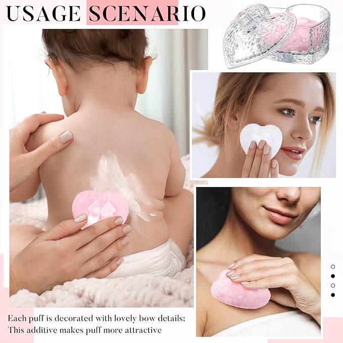 Tioncy 3 Pcs Large Body Powder Puff and Container Powder Container with Puff Crystal Case Soft Washable Reusable Velour Face Body Glitter Wet Dry Makeup(Heart,Clear)