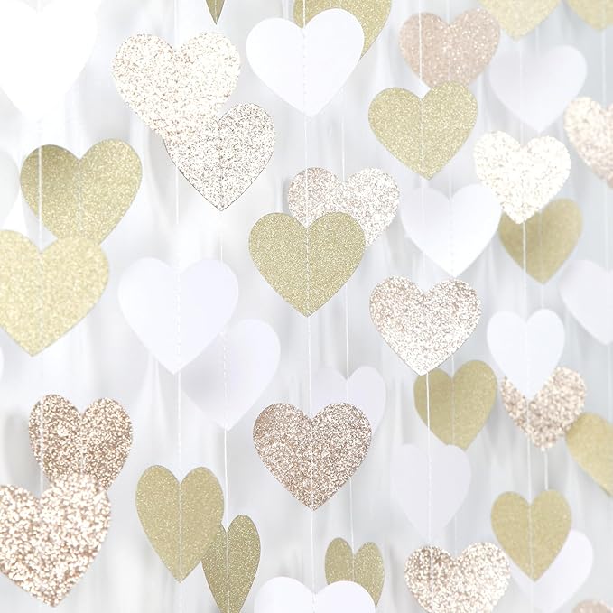 White-Gold Champagne Bachelorette Party Decorations - 52Ft Birthday Heart Hanging Paper Streamers-Garland Banner,Engagement Wedding Neutral Baby Bridal Shower Supplies Decor Ouruola