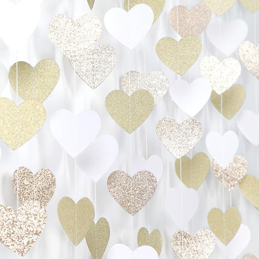 White-Gold Champagne Bachelorette Party Decorations - 52Ft Birthday Heart Hanging Paper Streamers-Garland Banner,Engagement Wedding Neutral Baby Bridal Shower Supplies Decor Ouruola