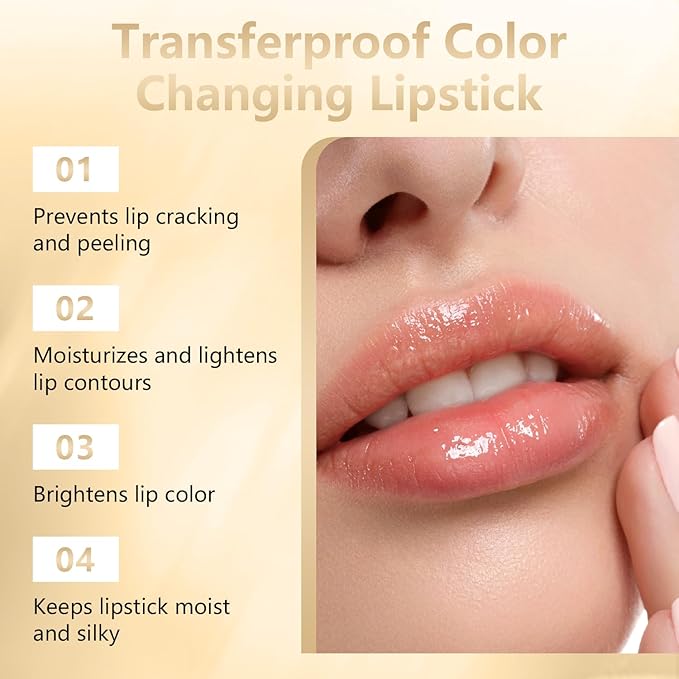 2Pcs Transferproof Color Changing Lipstick,Gold Crystal Ph Lipstick Color Changing,Clear Lip stick That Changes Color,Long Lasting 24 Hours Moisturizing Glossy Shine Lip Gloss for Women