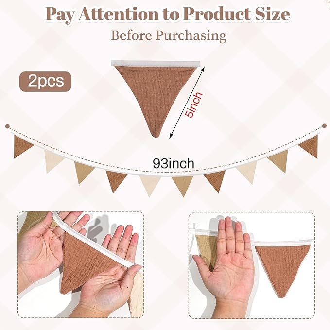 2PCS Pennant Banner Flags, Fabric Bunting Banner Nursery Garland Decor, Baby Shower Garland, Triangle Flags for Baby Boy Room, Playroom, Boho Birthday Party Decor, Each 7.75 ft (Brown White)