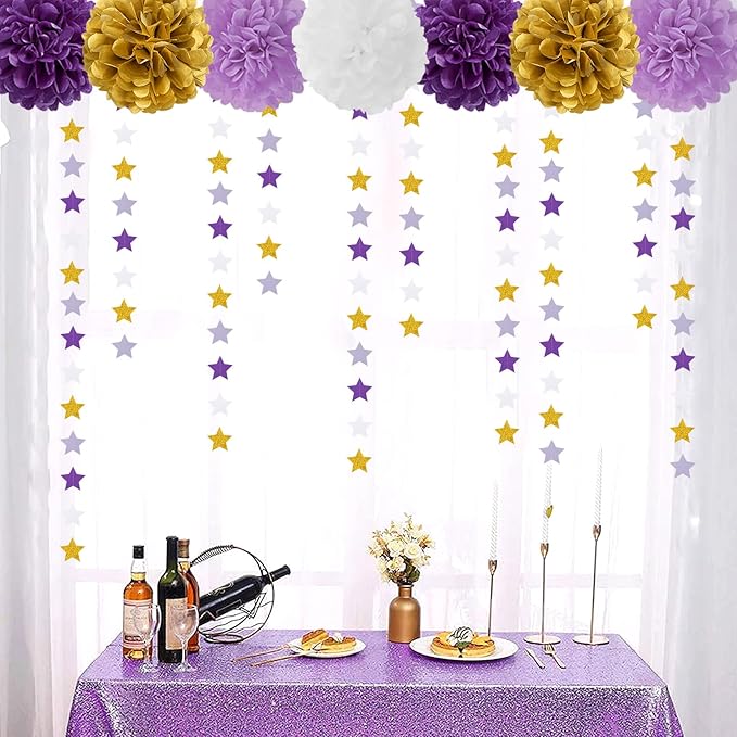 Purple-Lavender White-Gold Party-Decorations Star Garland - 62ft Streamers Hanging Banner,Girl Birthday Wedding Twinkle Twinkle Little Star Baby Bridal Shower Graduation Decor Hugtmr