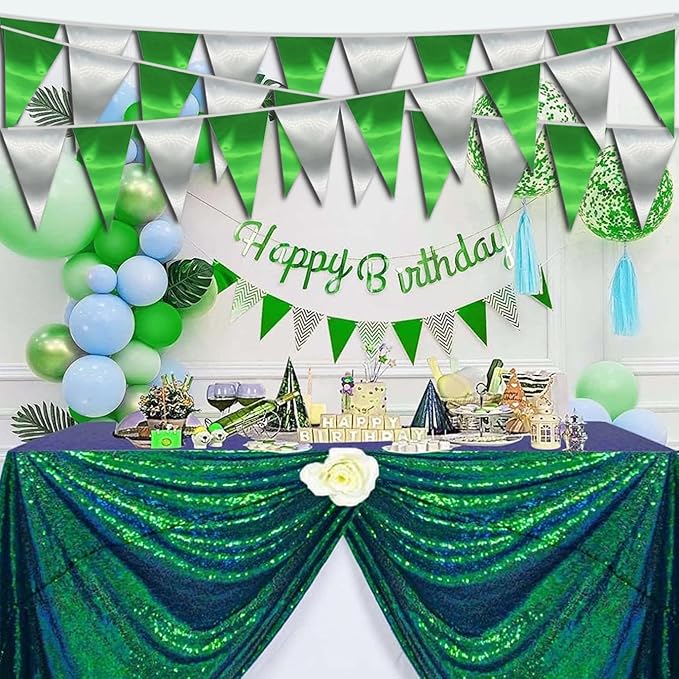 20M/65FT Green Silver Triangle Pennant Banner Flag Metallic Fabric Bunting Garland for Christmas Graduation Wedding Engagement Anniversary Bachelorette Birthday Bridal Shower Hen Party Supplies