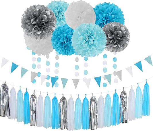 Royal-Light Blue Silver Party Decorations - 30pcs Tissue Pom Poms Streamers,Birthday Tassel Garland Banner,Graduation Wedding Engagement Baby Bridal Shower Decor Ouruola