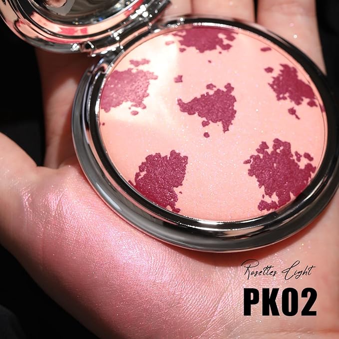FOCALLURE Shimmer Face Highlighter Makeup Powder, Gel to Powder Glow Finish, Leaving a Lightweight & Healthy Radiance, Long Lasting Luminous Face Body Highlighter Makeup (PK02 Rosettes Light)