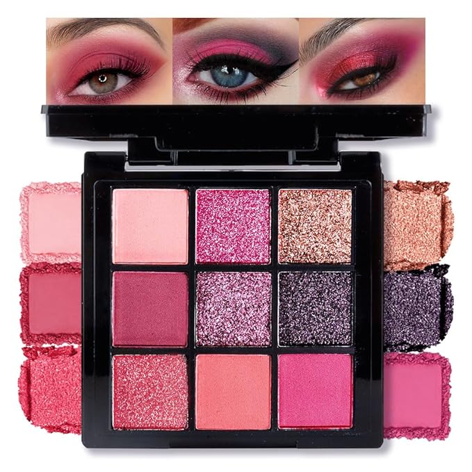 Matte Shimmer Light Deep Pink Eye Shadow Palette Makeup,Eyeshadow Long Lasting Waterproof Cruelty-Free , 9 Blendable Shades in Smooth Finishes with Gorgeous Pearls for Girls (red buttery fly)