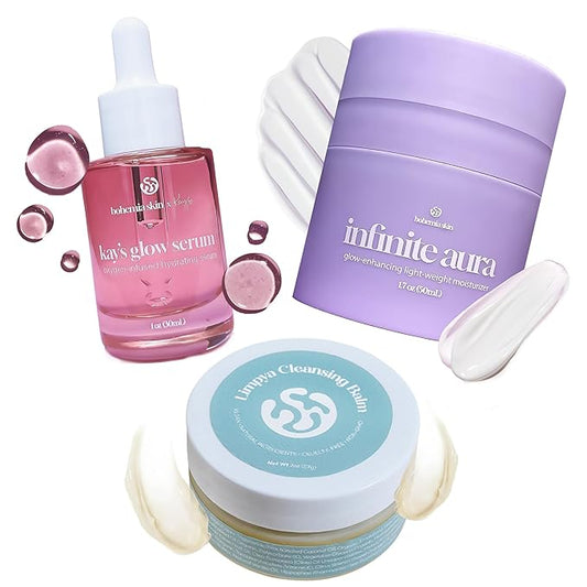 Kay’s Glow Serum + Infinite Aura Moisturizer + Boho Cleansing Balm – Oxygen-Infused THDA Vitamin C with Gentle AHA for Face and neck | Hydrates, Soothes and Brightens Bundle