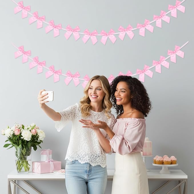 2Pcs Bow Garland Banner,Ribbon Bow Decorations for Party,Pink Bow for Baby Shower Decorations Wedding Bachelorette Bridal Shower Supplies(Pink)