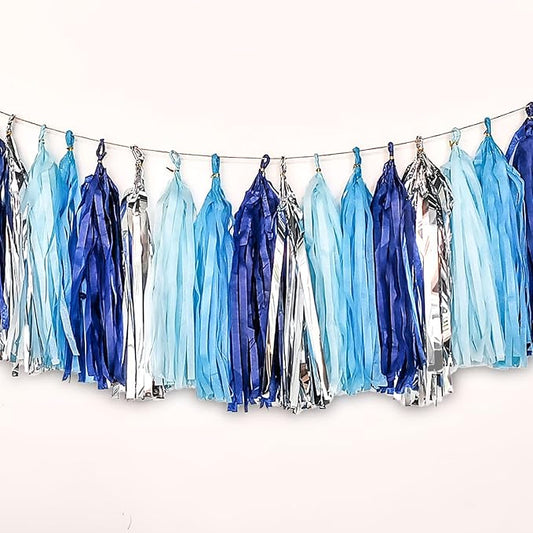 Blue and Silver Tassel Garland,Paper Tassel Banner,Table Decor,Blue and Silver Tissue Tassels Party Decor Supplies for Party,DIY Kits - (20 PCS)