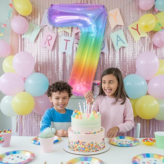 7th Birthday Balloons for Girls, 40'' Foil Self Inflating Light Rainbow Number 7 Balloon, Large Helium Mylar Colorful Multicolor 7 Balloon Number for Kids Birthday Party Decor Anniversary Decorations