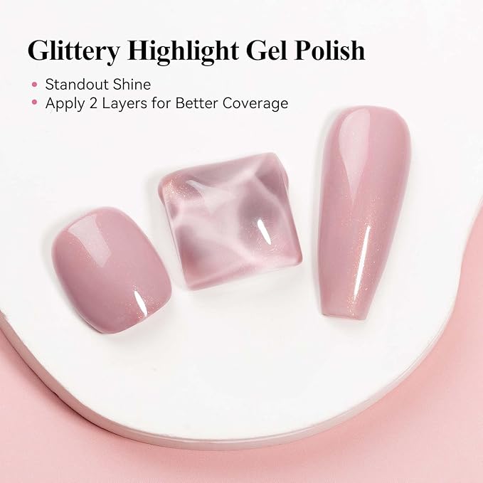 Glitter Gel Nail Polish, Light Pink Jelly Shimmer Iridescent Gel Polish Holographic Neutral Color Natural Translucent Soak Off UV Gel Polish for Nail Art Salon at Home, 12ML