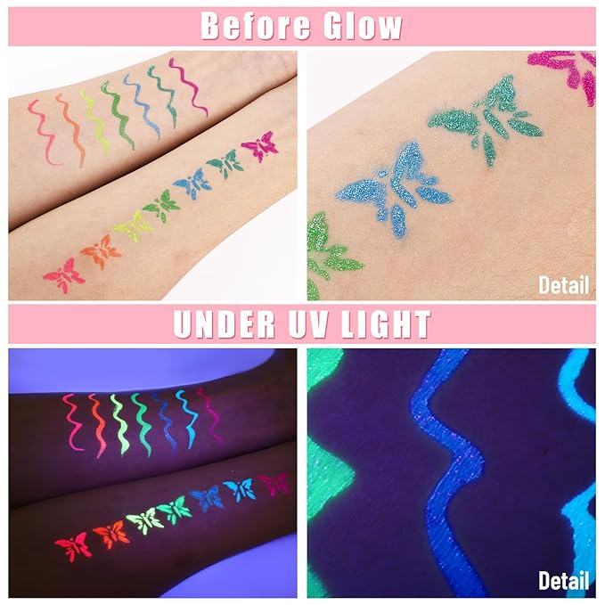 BOBISUKA 7 Colors Neon Eye Liner: UV Glitter Liquid Eyeliner Pencil - Colorful Waterproof Eyeshadow - Rainbow Smudge-proof Eye Makeup Pen Set For Halloween, Party And Birthday