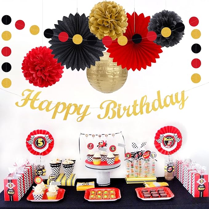 Red-Black Gold Casino-Theme Birthday Party-Decorations - 21pcs Happy Banner,Game Night Paper Lanterns,Tissue Pom Poms Flower Fan,Honeycomb Ball,Swirl Streamers Garland Supplies Women Men Decor Huglony