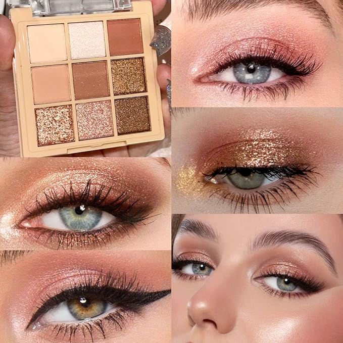 9Colors Nude Champagne Gold Rose Brown Colorful Glitter Eyeshadow Palette Makeup,Korean Natural Neutral Rainbow Eyeshadow Palettes Naturing-Looking Long Lasting Waterproof Blendable