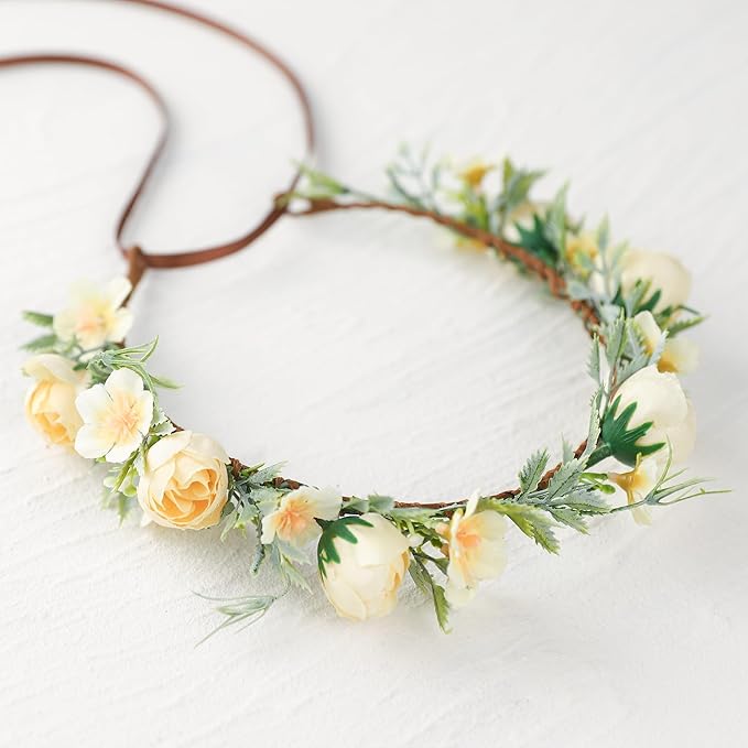 Yellow Flower Crown Headband - Fairy Floral Headpiece Renaissance Flower Crown for Women Girls Weeding Birthday Party Cosplay Photo Prop