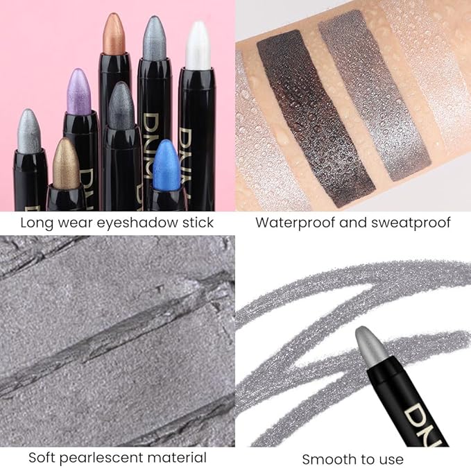 evpct Dazzling Grey Shimmer Cream Eye Shadow Brightener Sticks Set for Eyes, Grey Shimmery Matte Pencil Eye shadow Applicator Stick Pen Palette Makeup Waterproof sombras en crema para ojos 02#