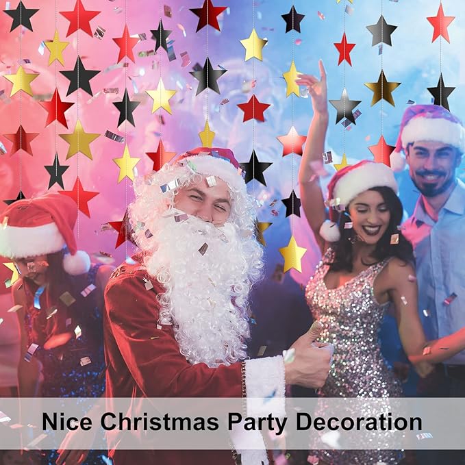 Patelai Glitter Star Garland Banner New Years Decor 130 Feet Star Hanging Banner Twinkle Backdrop for Birthday Classroom Wedding Halloween Christmas Party Supplies(Red, Black, Gold)