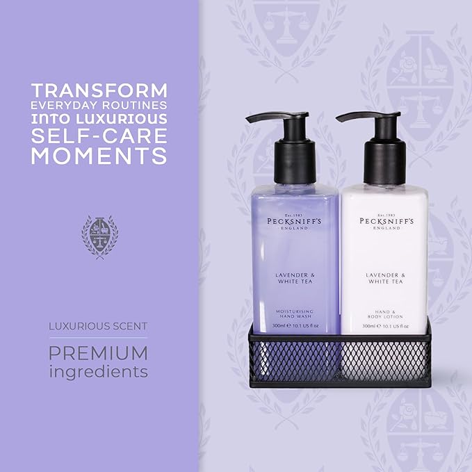 Pecksniff's Handwash Soap and Lotion Set, Stress Reducing, Aromotherapy Cleanser That Leaves Hands Soft and Lightly Scented (Lavender and White Tea, Black Caddy)