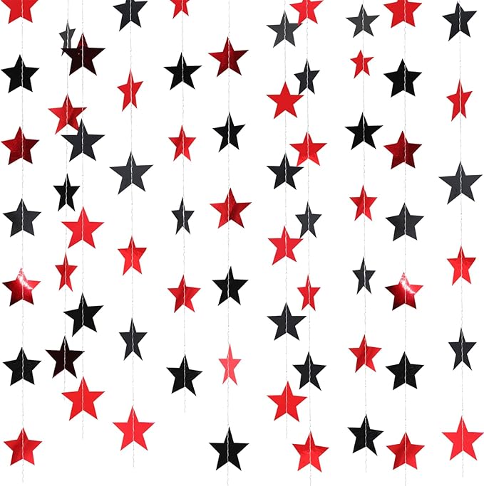 Patelai Glitter Star Garland Banner New Years Decor 130 Feet Star Hanging Banner Twinkle Backdrop for Birthday Classroom Wedding Halloween Christmas Party Supplies(Red,Black)
