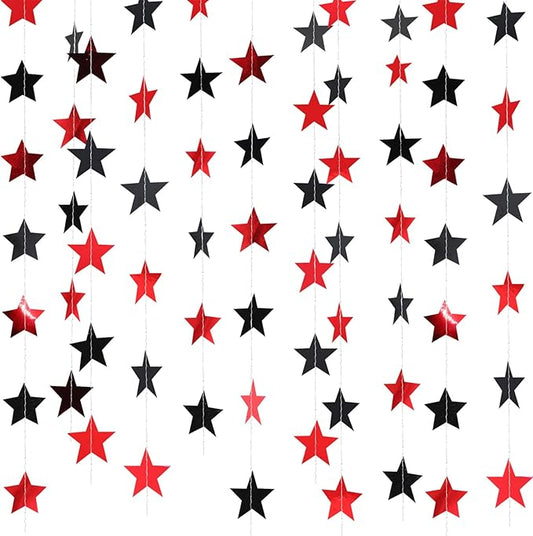 Patelai Glitter Star Garland Banner New Years Decor 130 Feet Star Hanging Banner Twinkle Backdrop for Birthday Classroom Wedding Halloween Christmas Party Supplies(Red,Black)