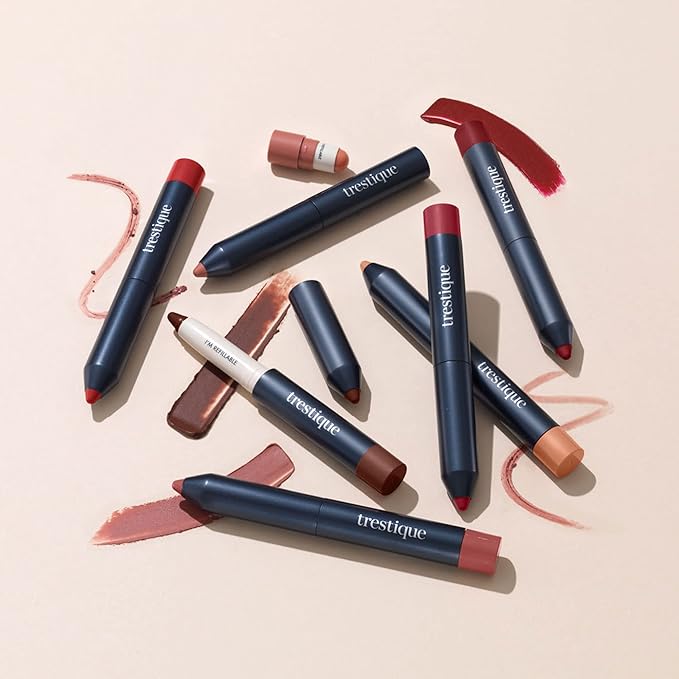 TRE'STIQUE trestique Matte Lip Crayon, Matte Lipstick With Built-in Lip Gloss Balm, 2-in-1 Lip Liner Set With Lip Crayon and Lip Balm, Lipstick and Lip Gloss Kit (Pacific Peony Refillable)
