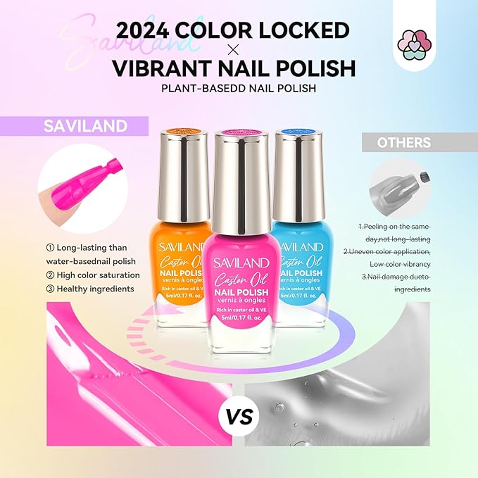 SAVILAND Nail Polish Set Quick-Dry: 24 Summer Color Regular Nail Polish Kit Pink Red Yellow Neon Glitter Nails Polish Non Gel Castor Oil Vitamin E Nail Lacquer Home Set Women