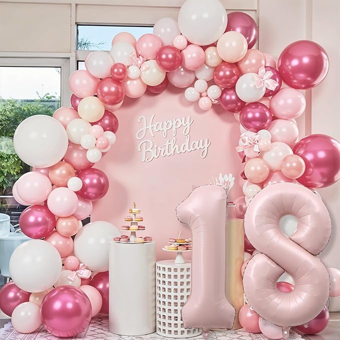 Pastel Pink 18 Balloon Numbers for Girls, 40'' Self Inflating Number 18 Balloons for 18 Year Old Birthday, Big Blush Pink Foil 1 & 8 Helium Balloon for Boho Coquette 18th Birthday Party Decorations
