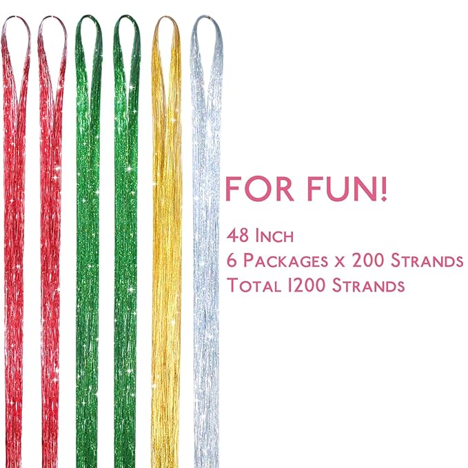 WENNALIFE Hair Tinsel for Girls, Chrismas Fairy 2PCS Red 2PCS Green 1PCS Gold 1PCS Silver 1200 Strands 6PCS 48 Inch Glitter Tinsel Hair Extensions Christmas Gift Sparkle Strands