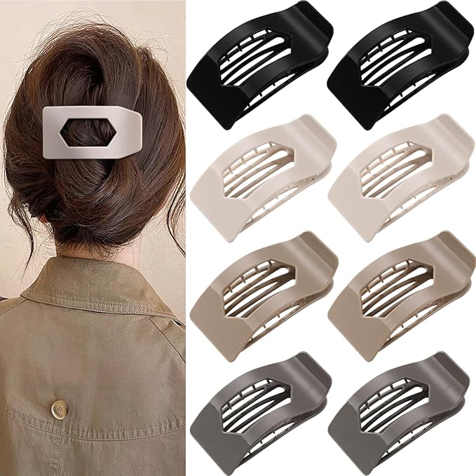 8 Pack Neutral Flat Hair Clips for Women – Large Glossy No-Slip Rectangle Claw Clips Thick & Thin Hair in Black, Blonde and Brown, Strong Hold Square Hair Accessories for Work or Daily Wear