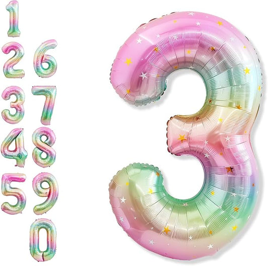 3rd Birthday Balloons for Girls, 40‘’ Foil Self Inflating Rainbow Stars Number 3 Balloon, Large Colorful Multicolor 3 Balloon Number for Kids 3 Yeal Old Birthday Party Decor Anniversary Decorations